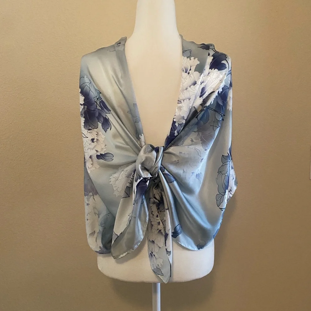 100% Silk Hand Stitched Floral Blue and Gray Oblong Scarf